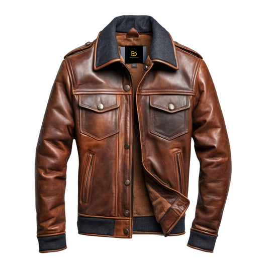 Men's Brown Genuine Leather Bomber Jacket – Button Front, Dual Chest Pockets, Urban Style