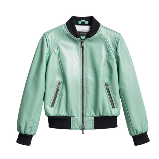 Women Mint Green Real Leather Bomber Jacket Cropped Flight Style Casual Streetwear Outerwear Coat