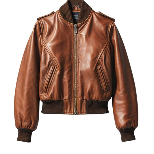 Womens Camel Brown Leather Bomber Jacket: 80s Retro Sporty Style
