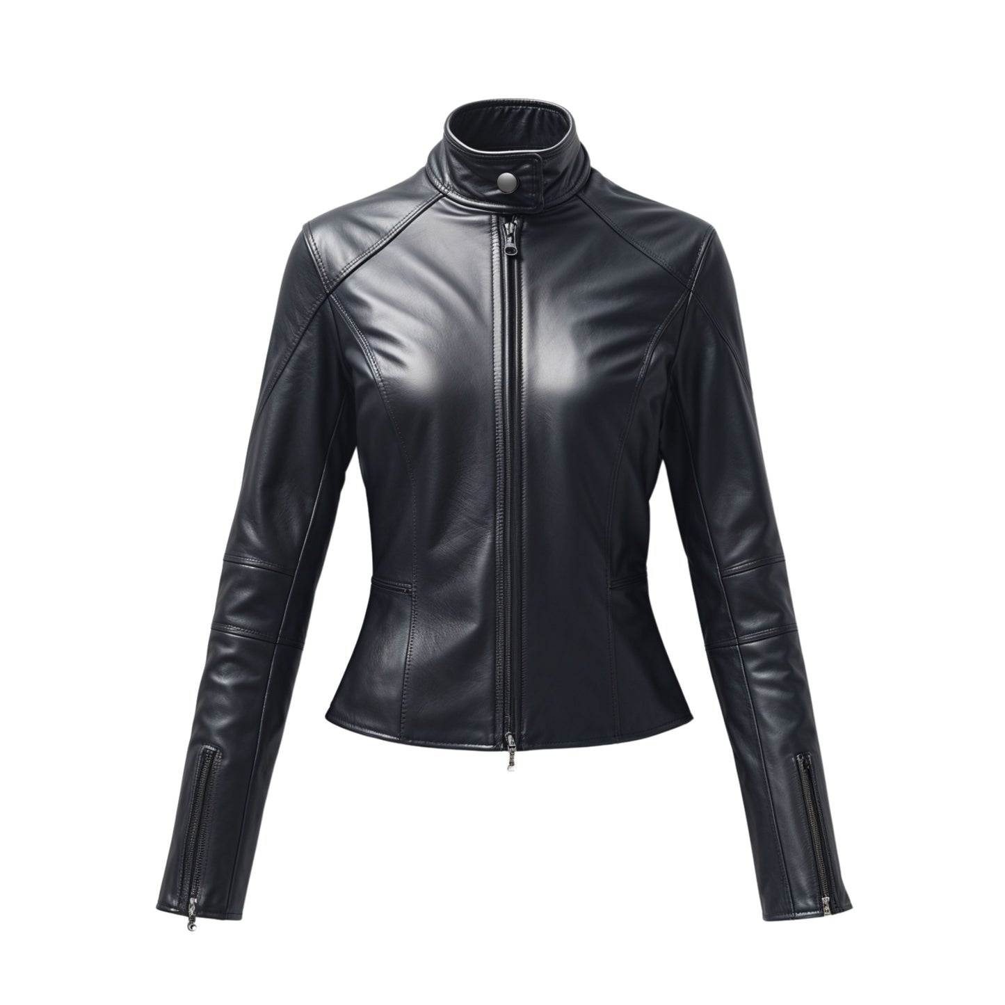 Womens Black Real Leather Moto Jacket – Slim Fit, Cropped, Stand Collar Coat