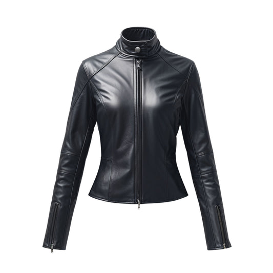 Womens Black Real Leather Moto Jacket – Slim Fit, Cropped, Stand Collar Coat