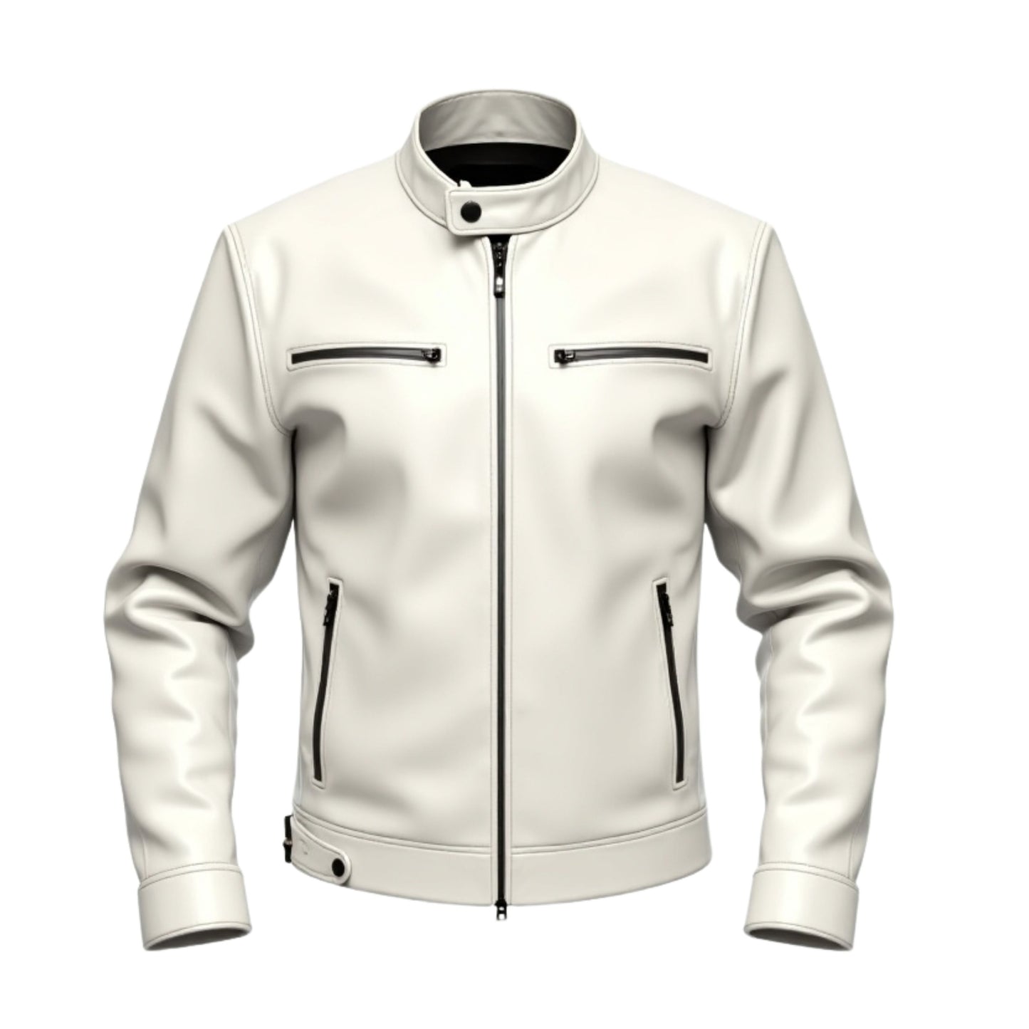 Men's White Real Leather Racer Jacket with Stand Collar and Zipper Pockets