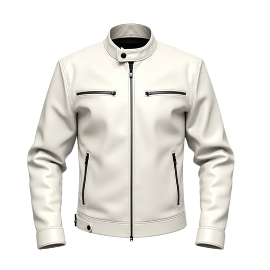Men's White Real Leather Racer Jacket with Stand Collar and Zipper Pockets