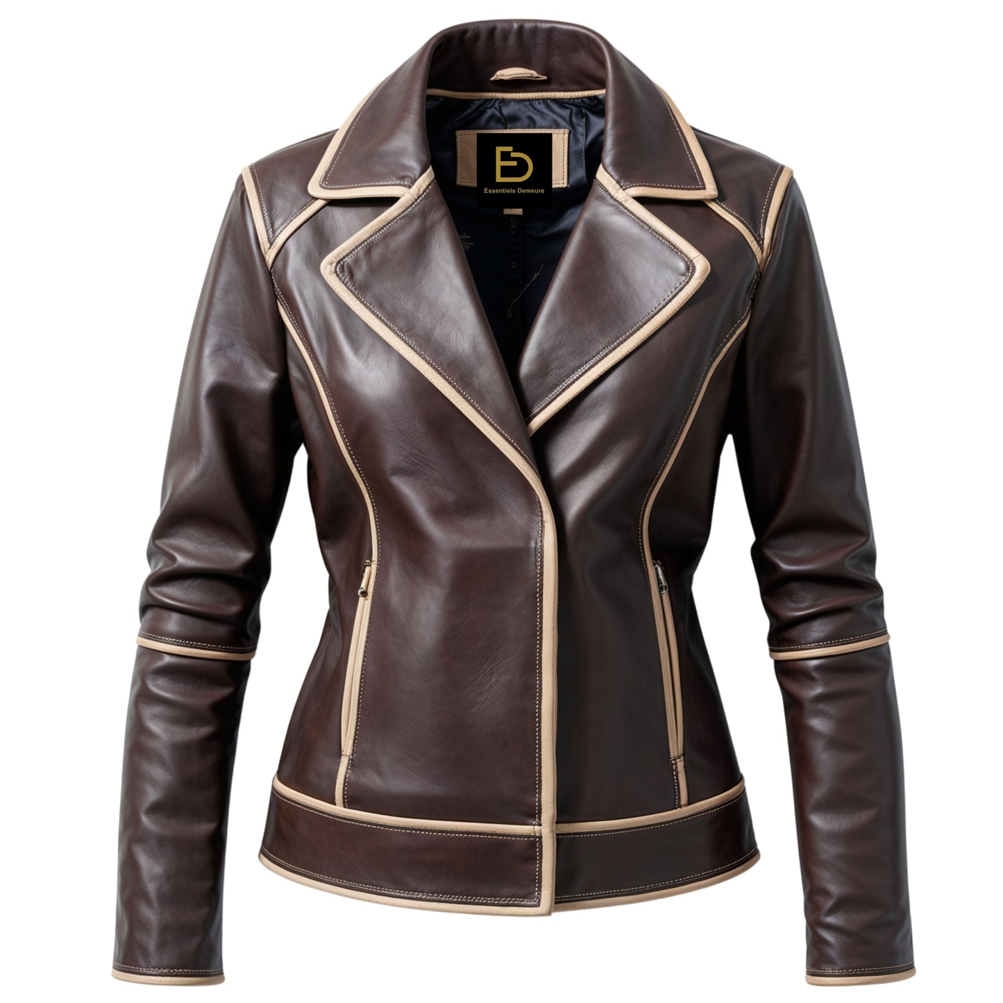 Women's Brown Leather Biker Jacket with Beige Trim – Tailored Fashion Outerwear