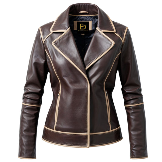 Women's Brown Leather Biker Jacket with Beige Trim – Tailored Fashion Outerwear