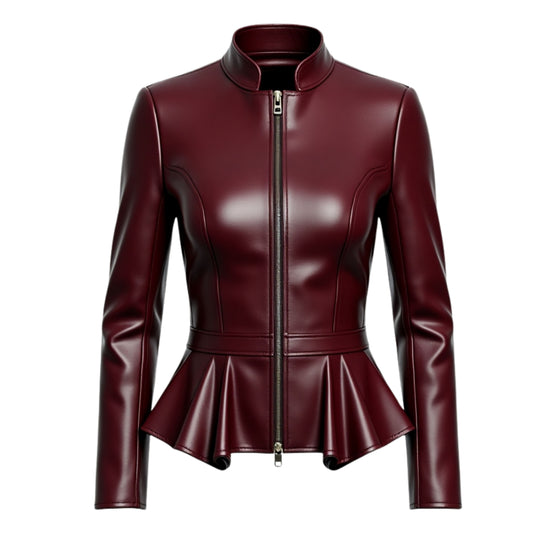 Burgundy Real Leather Peplum Jacket: Stand Collar Zip Front Fitted Coat