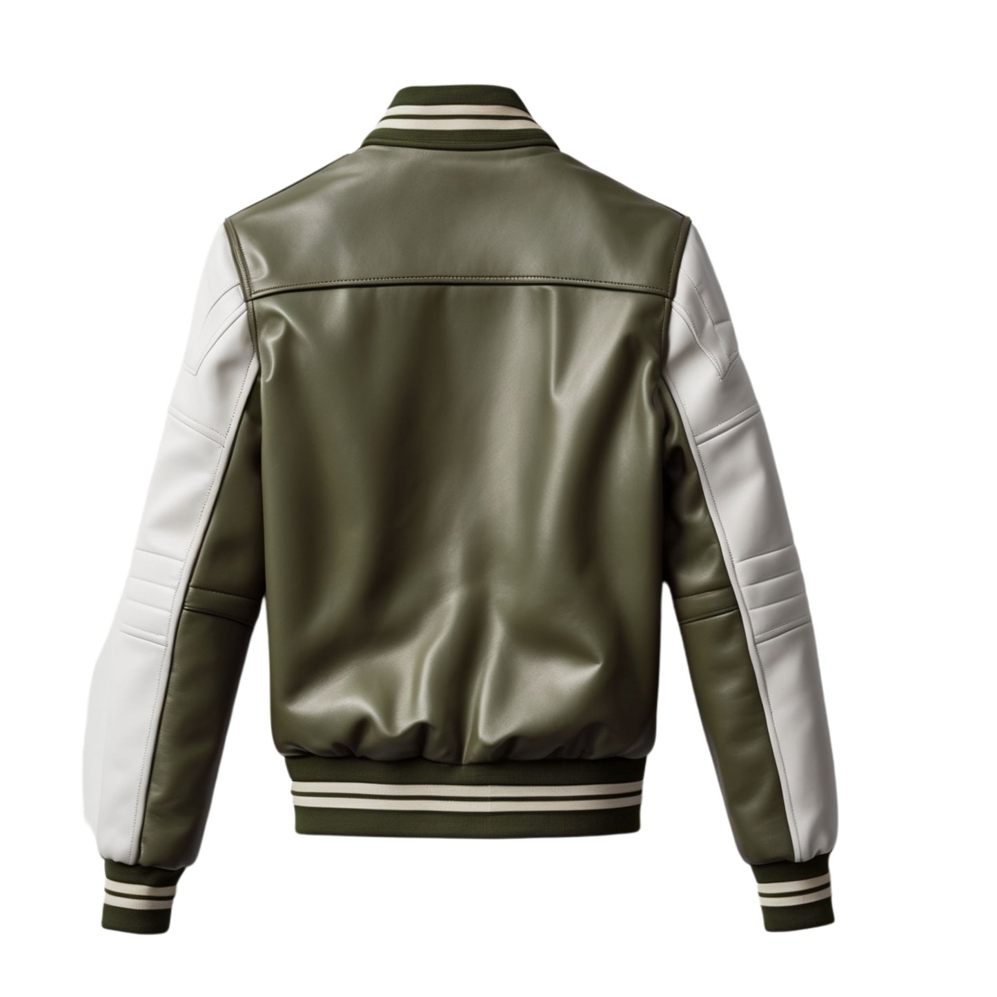 Men's Olive Green Real Leather Bomber Jacket White Sleeves Ribbed Cuffs Modern Casual Wear