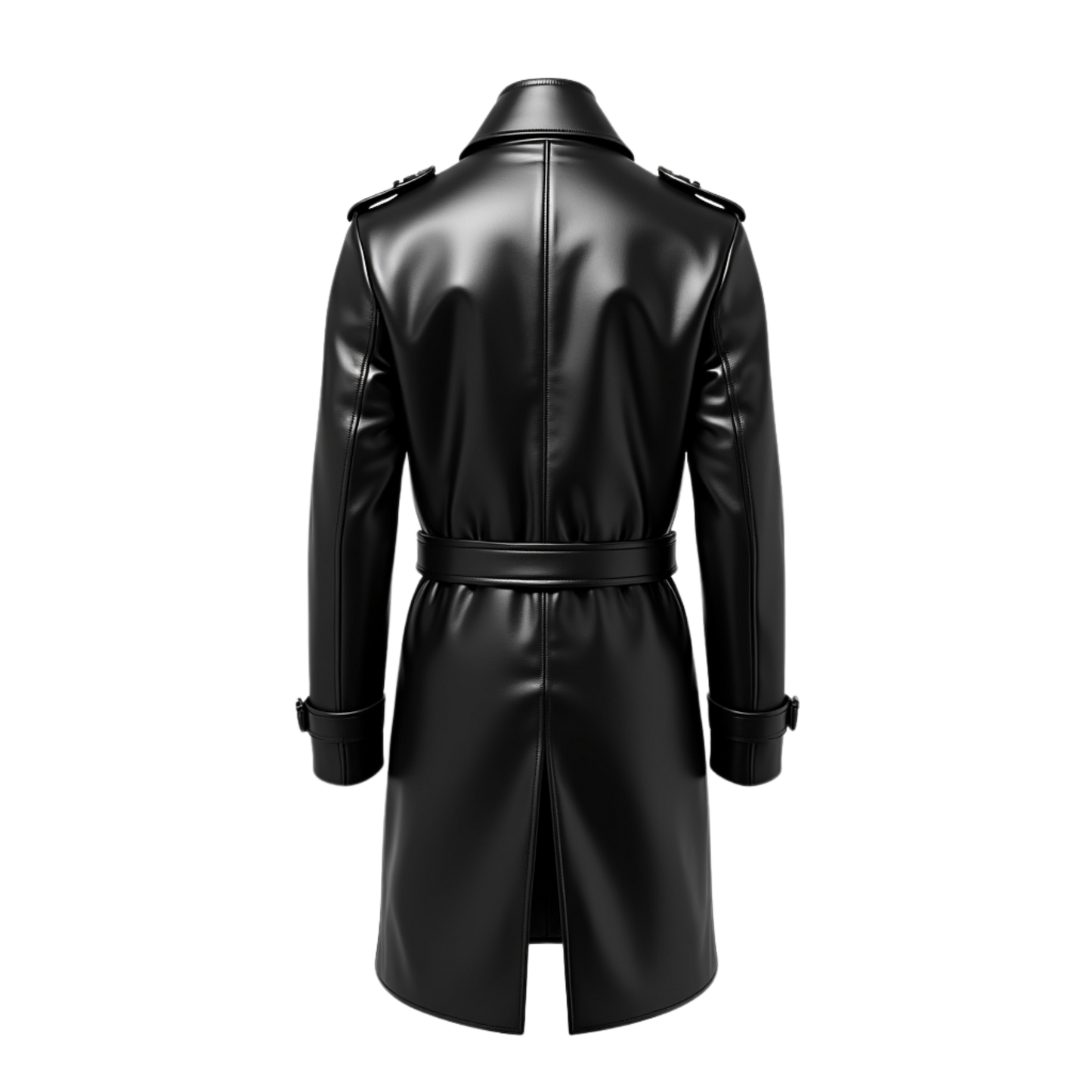 Black Real Leather Trench Coat: Belt-Free Double-Breasted Overcoat