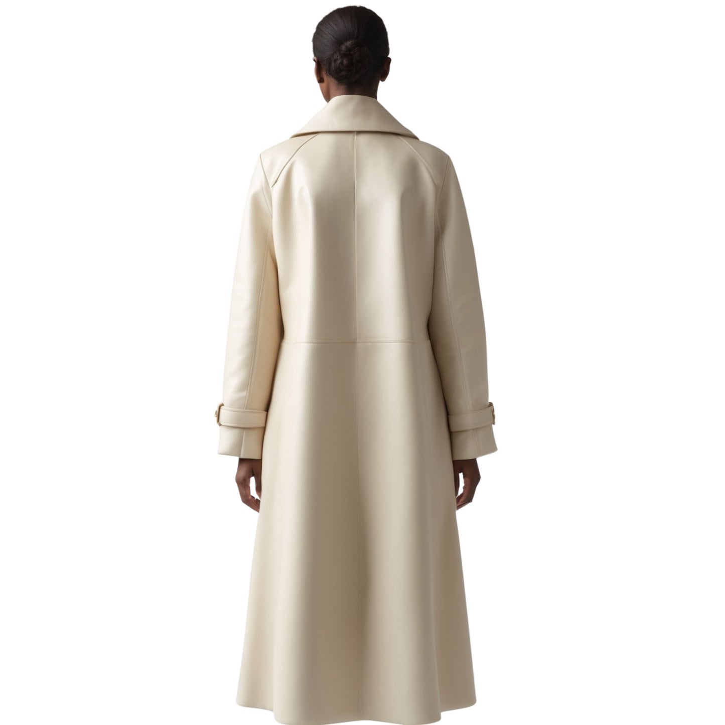 Womens Ivory Real Leather Trench Coat: Long Tailored Overcoat, Wide Lapel Style