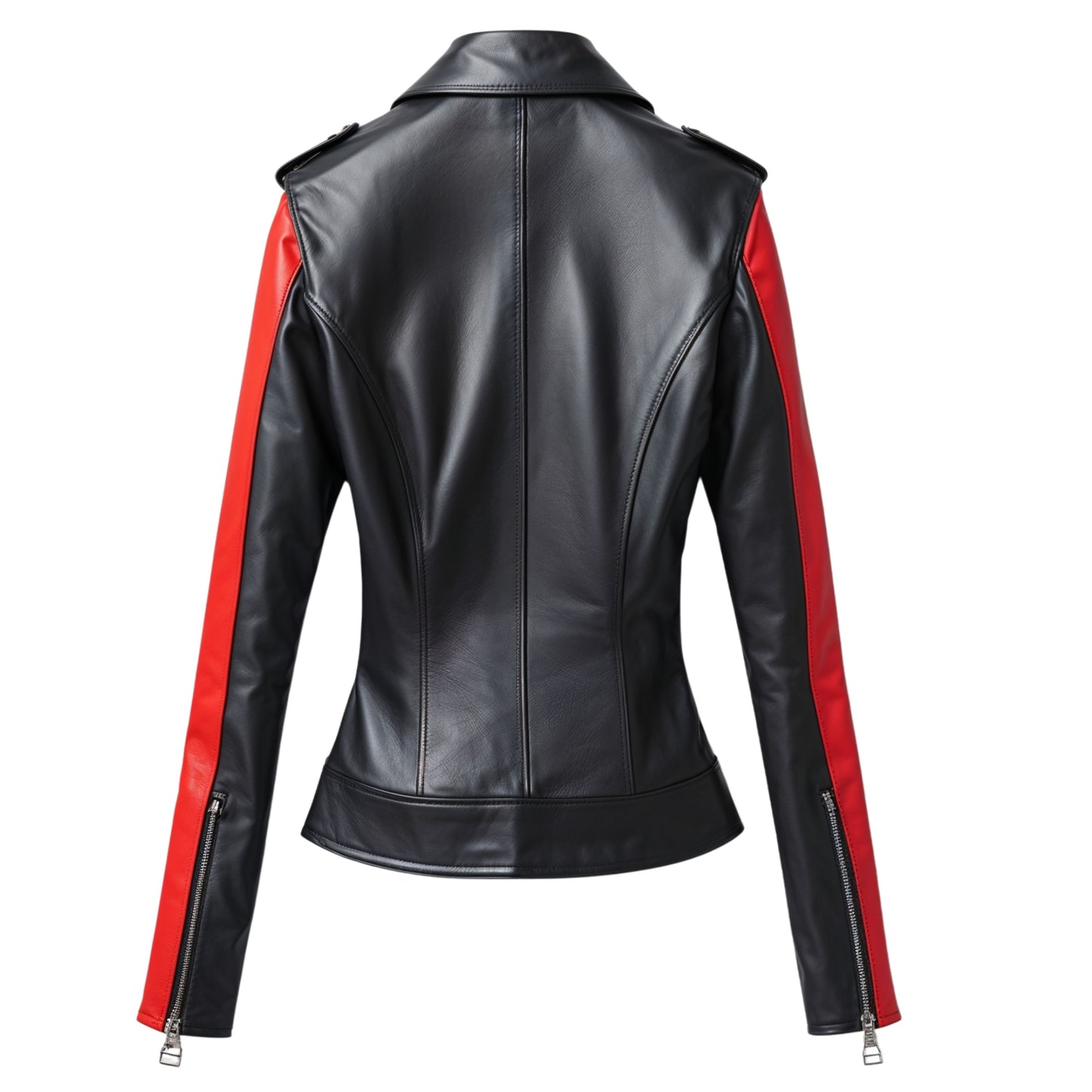 Black Real Leather Moto Jacket with Red Racing Stripes – Biker Fit Lapel Collar