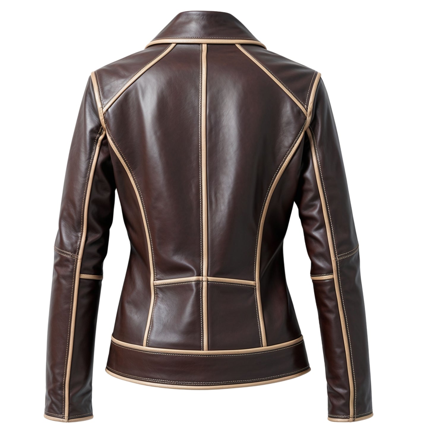 Women's Brown Leather Biker Jacket with Beige Trim – Tailored Fashion Outerwear