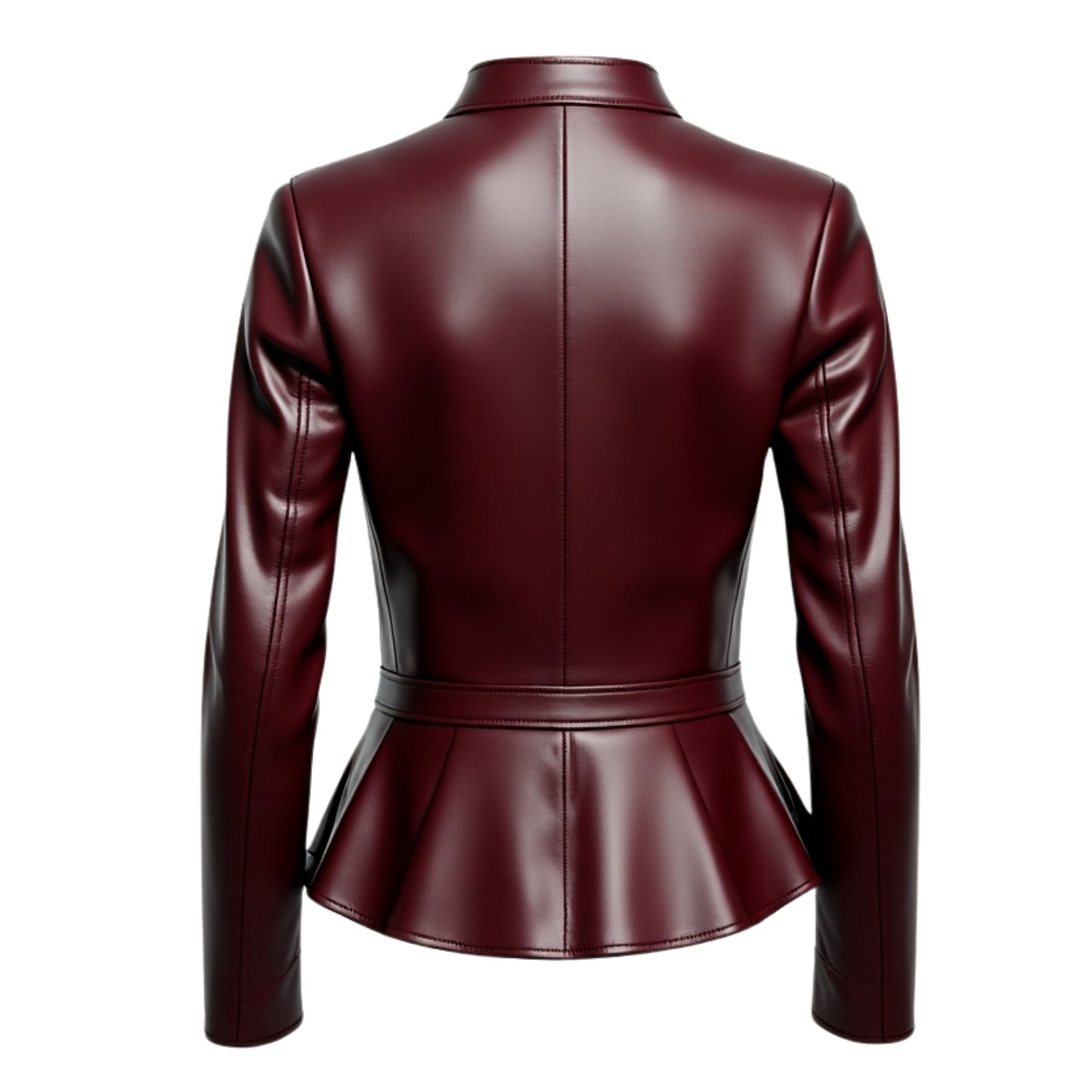 Burgundy Real Leather Peplum Jacket: Stand Collar Zip Front Fitted Coat