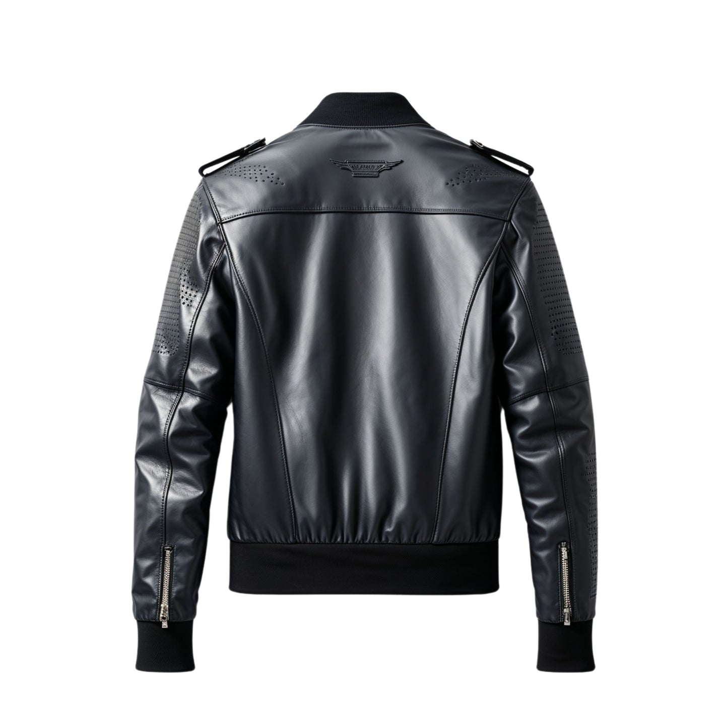 Men Black Real Leather Bomber Jacket Modern Perforated Zip Pockets Stylish Breathable Streetwear Fashion