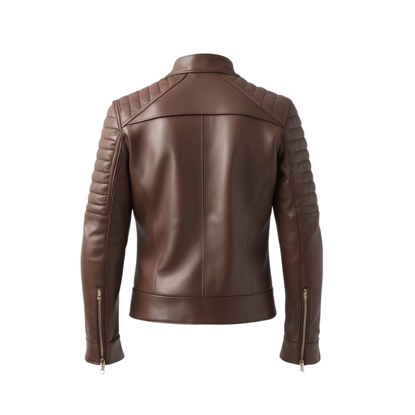 Mens Modern Brown Leather Biker Jacket Quilted Shoulder Stand Collar Stylish Motorcycle Casual Outfits