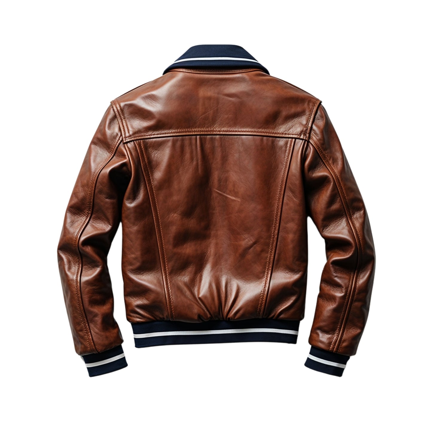 Men's Brown Leather Varsity Bomber Jacket with Striped Sleeves – Athletic Style