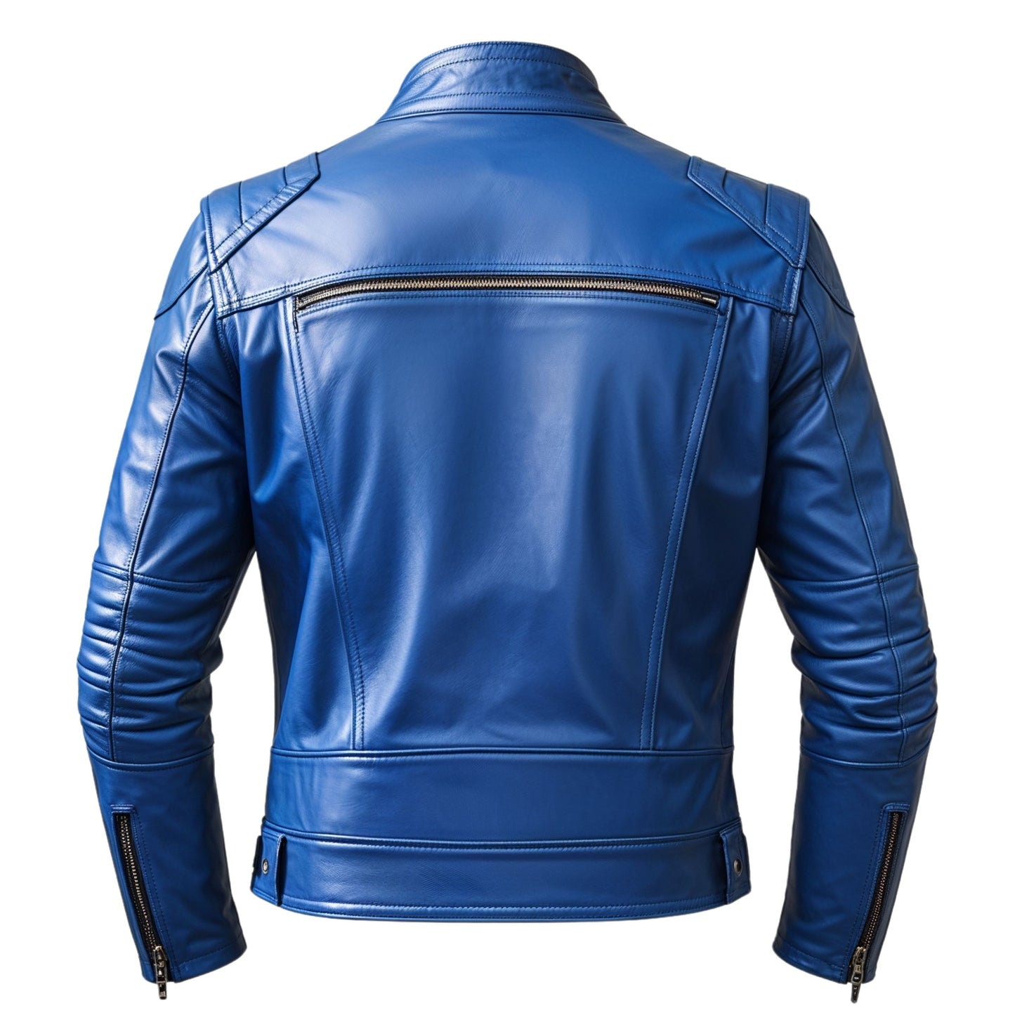 Men's Blue Leather Biker Jacket: Slim Fit Moto Style, Stand Collar, Zipper Pockets