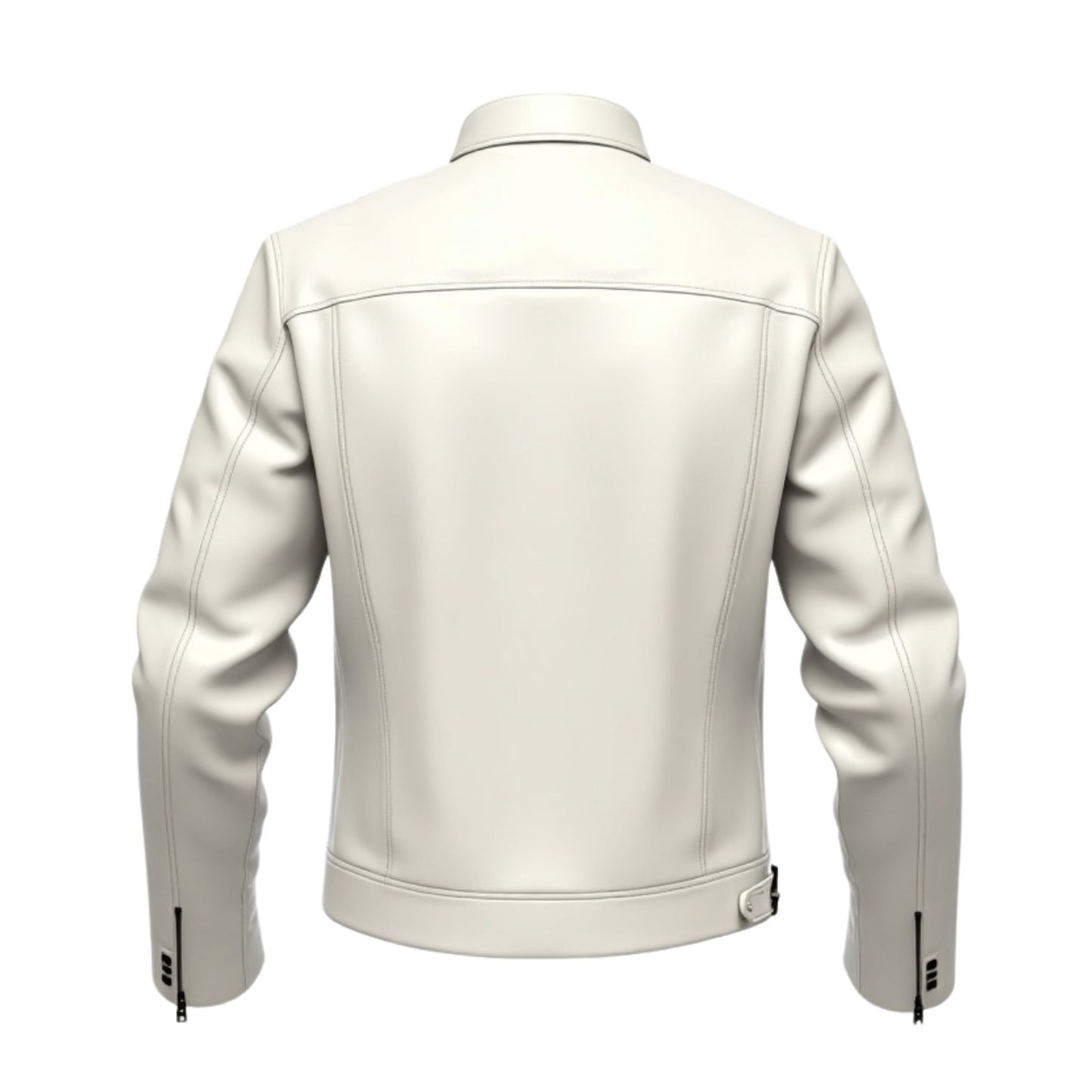 Men's White Real Leather Racer Jacket with Stand Collar and Zipper Pockets