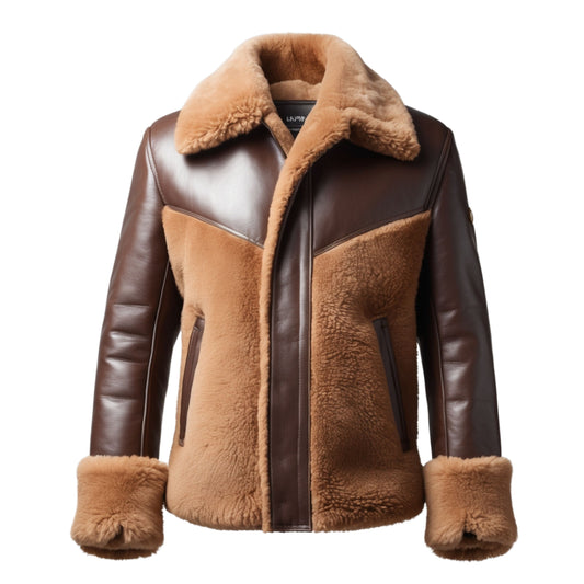 Brown Real Leather Shearling Jacket with Faux Fur Collar – Warm Winter Outerwear