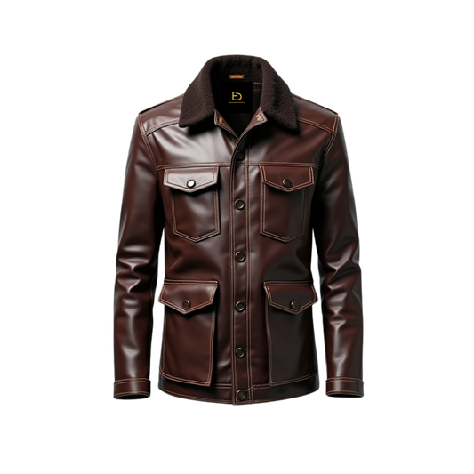 Brown Real Leather Jacket with Fur Collar, Button-Up Utility Coat