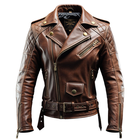 Men's Brown Real Leather Biker Jacket Quilted Shoulders Belted Waist Motorcycle Style