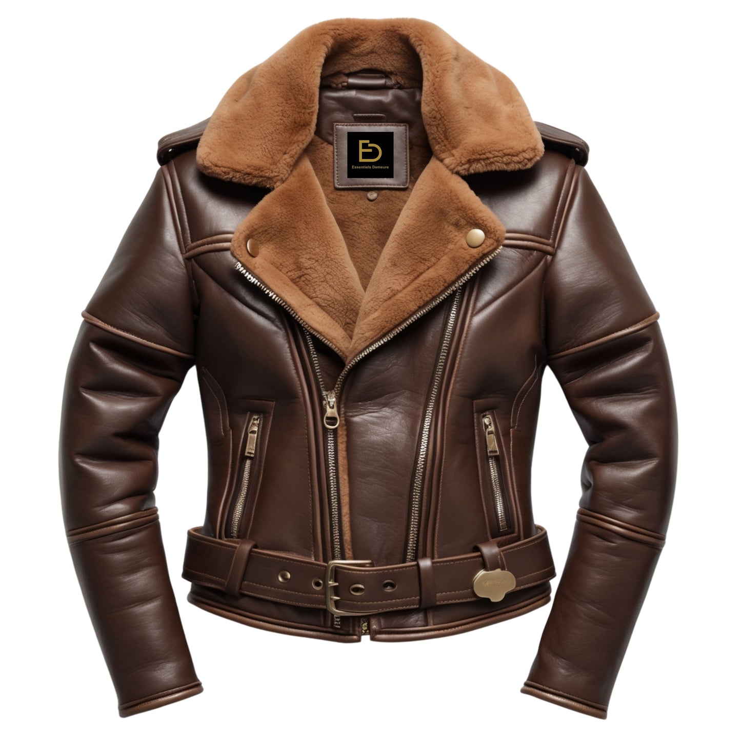 Brown Real Leather Aviator Jacket with Shearling Collar and Belted Waist