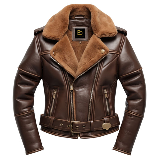 Brown Real Leather Aviator Jacket with Shearling Collar and Belted Waist