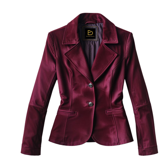 Women Real Leather Burgundy Blazer Jacket Tailored Fitted Waist Elegant Outerwear Modern Wardrobe Style