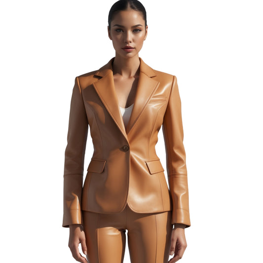 Genuine Leather Blazer Camel Tan Single Button Notch Lapel Tailored Jacket