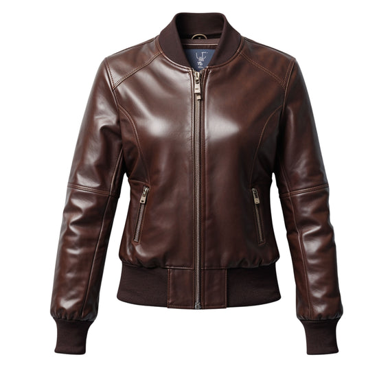 Women's Brown Real Leather Bomber Jacket – Cropped Ribbed Cuffs Hem Slim Fit