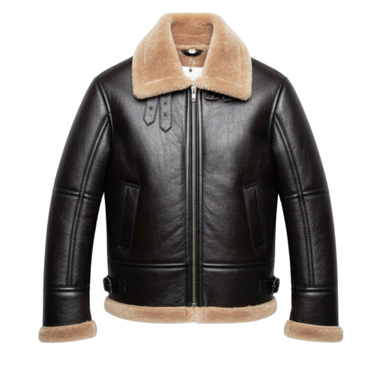 Mens Black Leather B3 Bomber Shearling Flight Jacket – Aviator Pilot Winter Coat