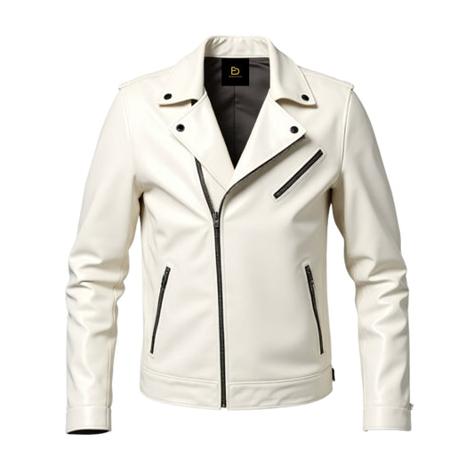 Men White Real Leather Biker Jacket Asymmetrical Front Zipper Lapel Collar Bold Contemporary Fashion