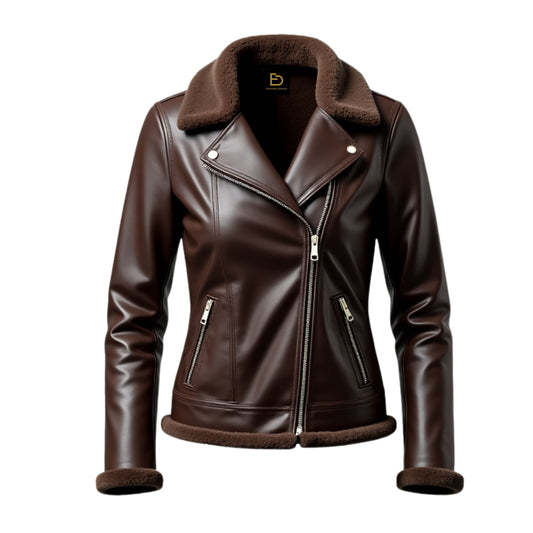 Brown Leather Shearling Biker Jacket: Asymmetrical Zip Moto Coat with Belt (Copy)