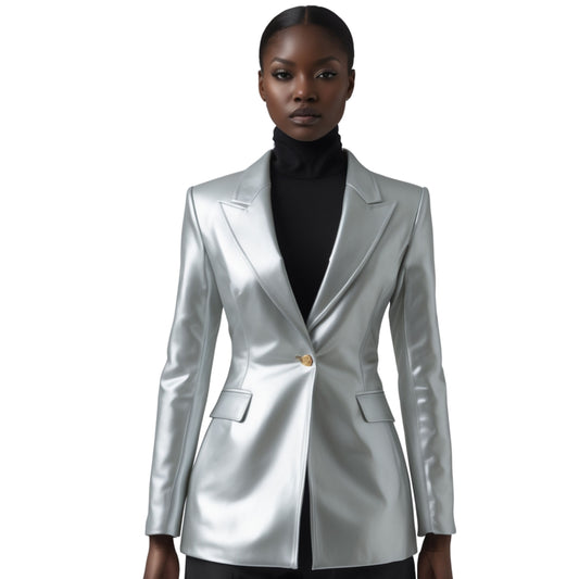 Women's Silver Metallic Leather Blazer Jacket with Gold Button Detail