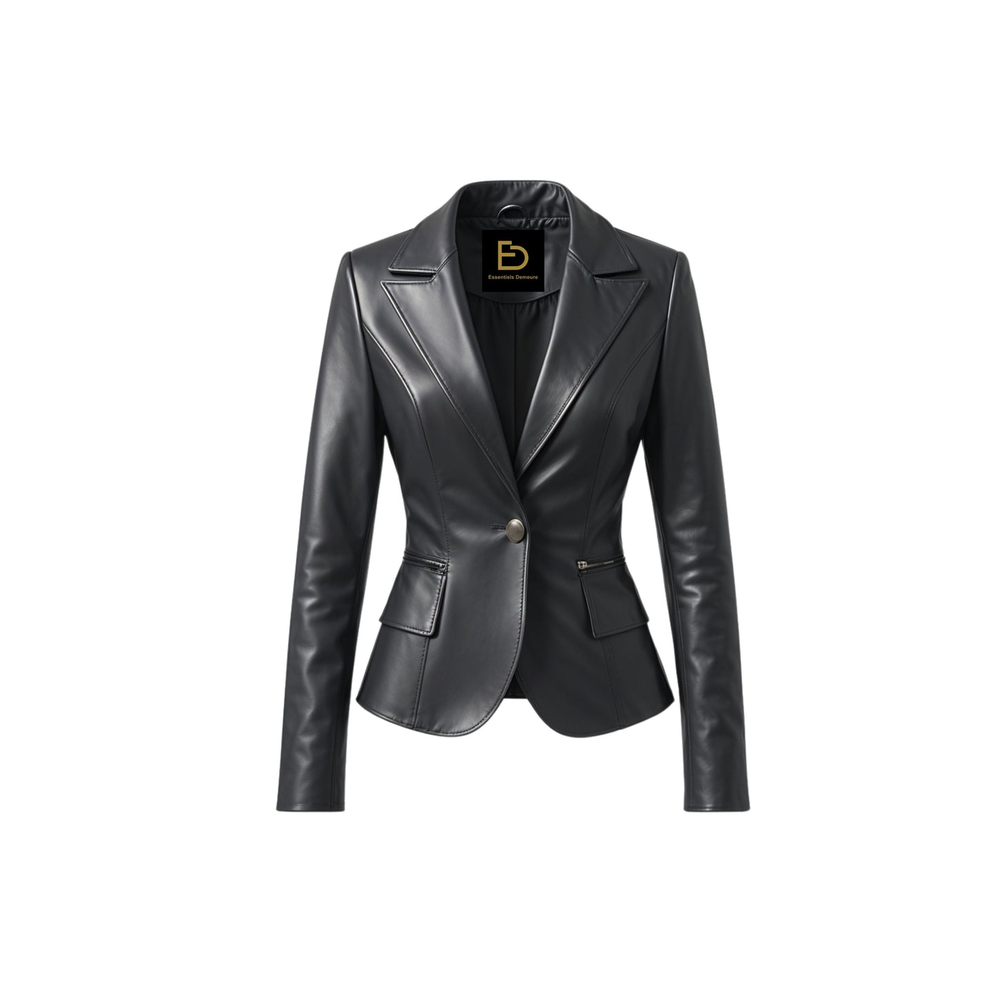 Womens Black Real Leather Blazer Jacket: Tailored Lapel, Flap Pockets, Office Style