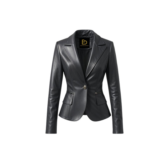 Womens Black Real Leather Blazer Jacket: Tailored Lapel, Flap Pockets, Office Style