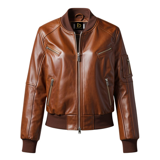 Women Cognac Brown Real Leather Bomber Jacket Cropped Flight Style Casual Streetwear Outerwear Coat