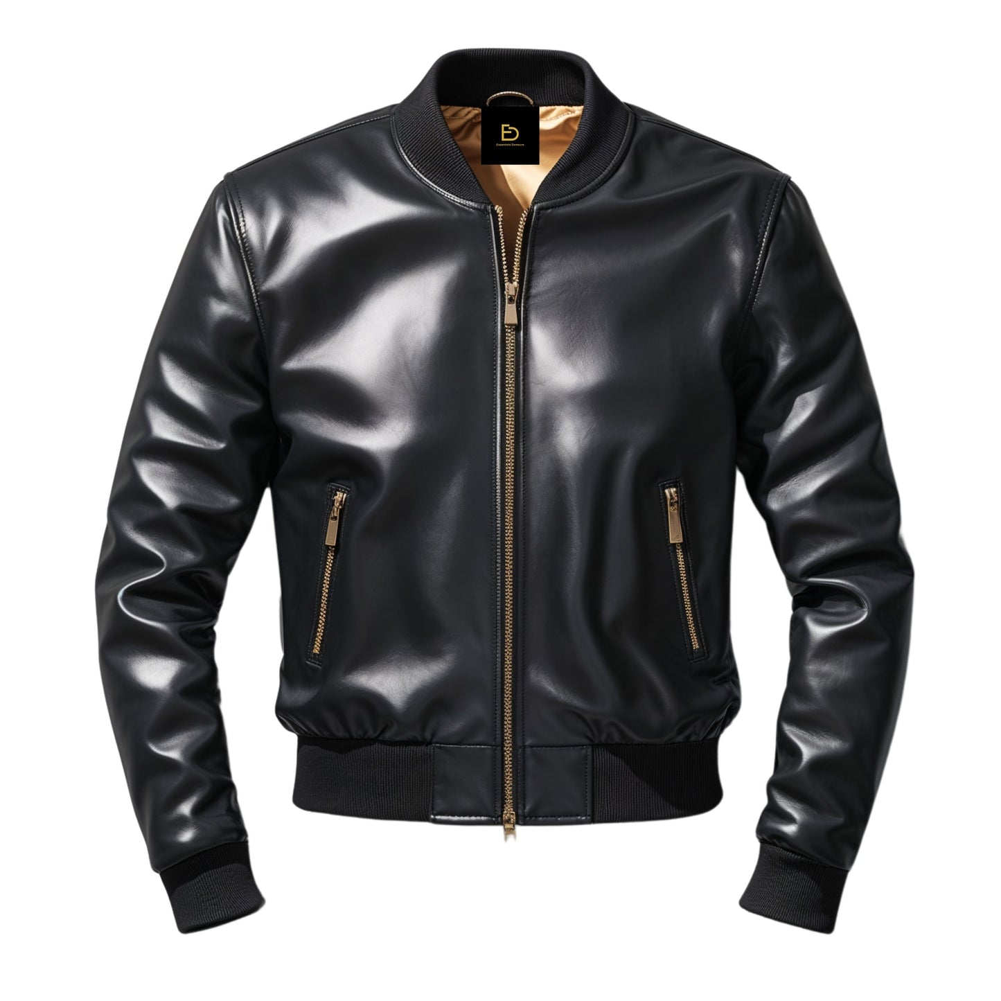Men's Black Real Leather Bomber Jacket with Gold Zipper Accents Ribbed Collar