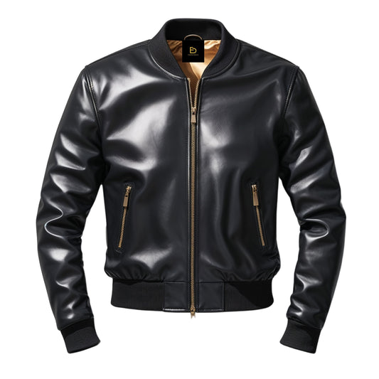 Men's Black Real Leather Bomber Jacket with Gold Zipper Accents Ribbed Collar