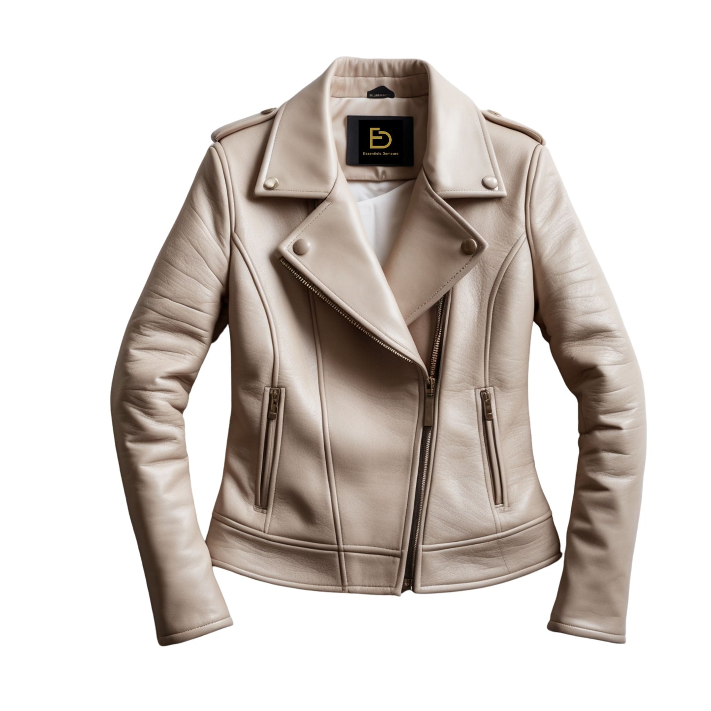 Womens Real Leather Moto Jacket Cream Beige Cropped Biker Coat Zipper Pockets Fashion Outerwear