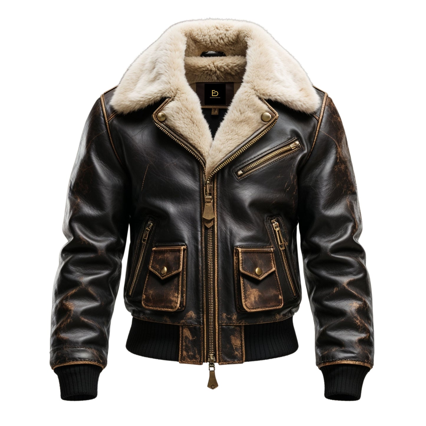 Distressed Black Real Leather Aviator Jacket with Shearling Collar – Rugged Winter Style