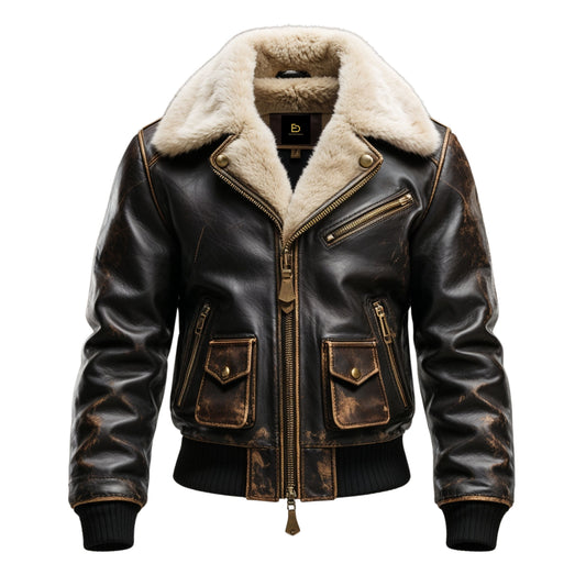 Distressed Black Real Leather Aviator Jacket with Shearling Collar – Rugged Winter Style