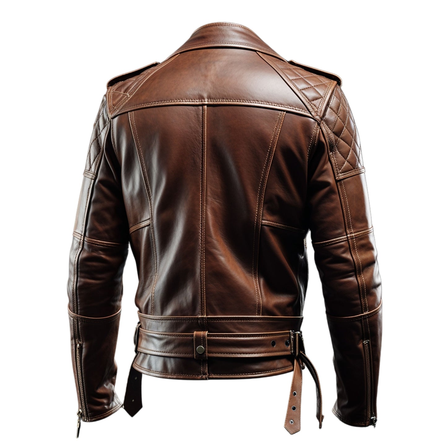 Men's Brown Real Leather Biker Jacket Quilted Shoulders Belted Waist Motorcycle Style