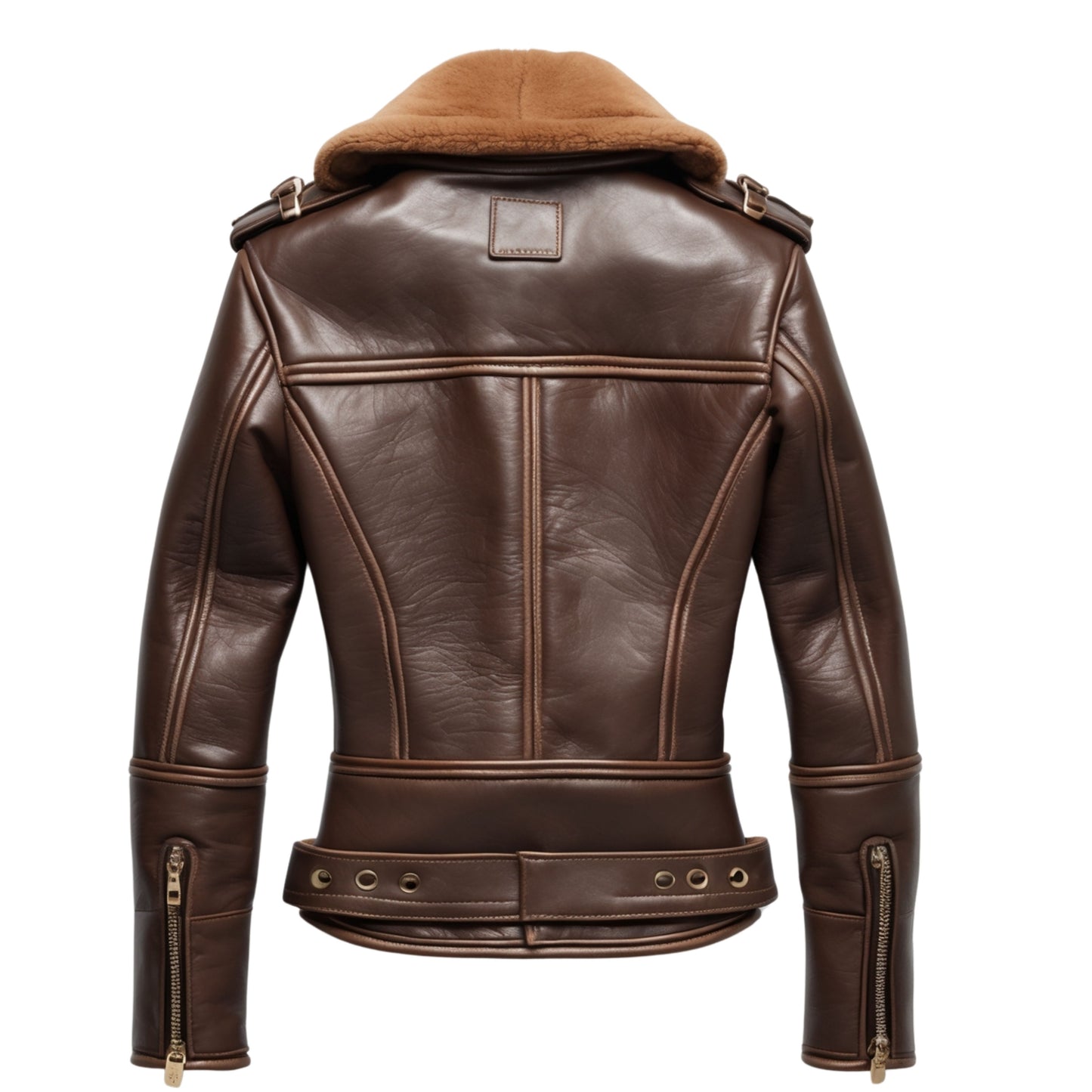 Brown Real Leather Aviator Jacket with Shearling Collar and Belted Waist