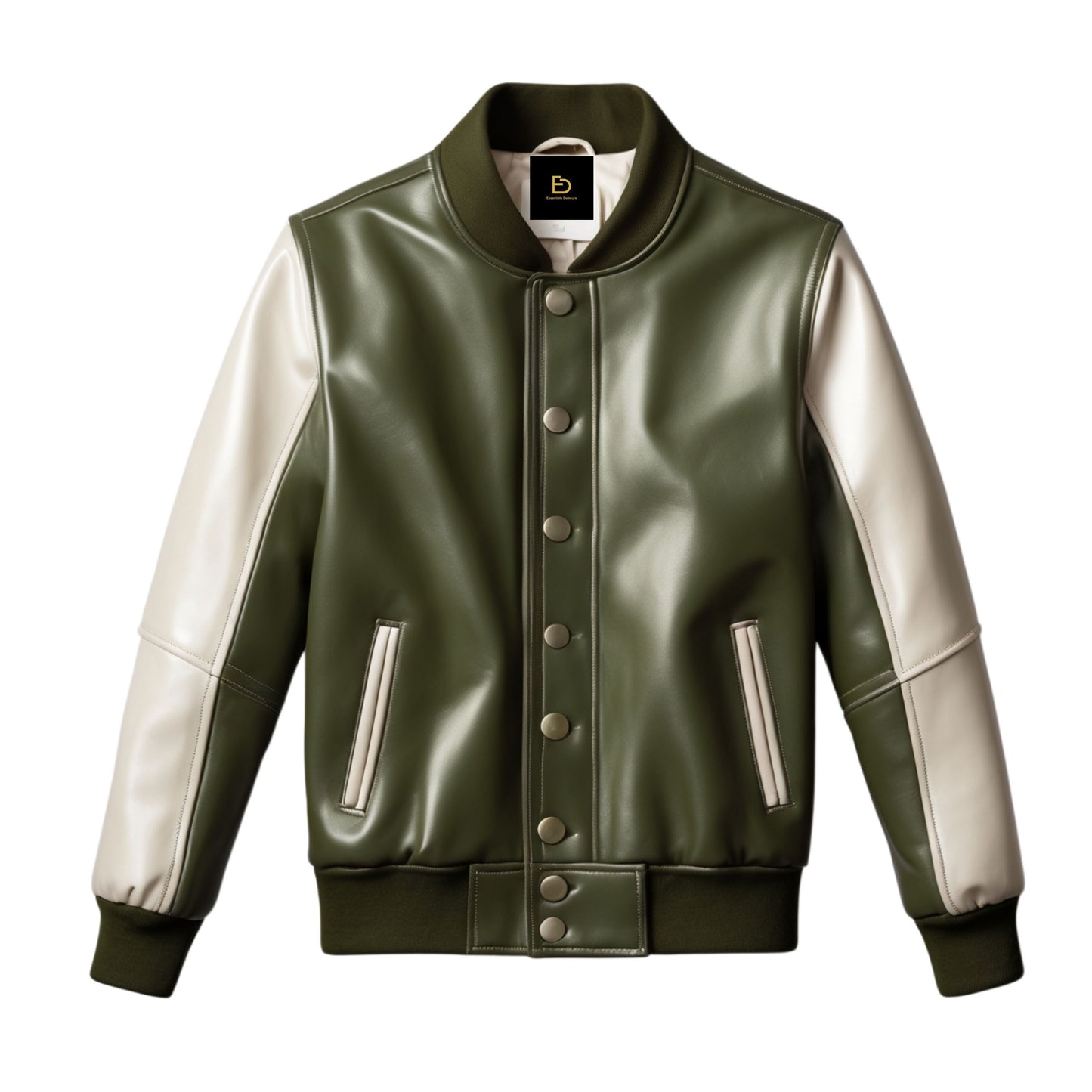 Men's Olive Green Real Leather Bomber Jacket with White Sleeves – Casual Trendy Wear