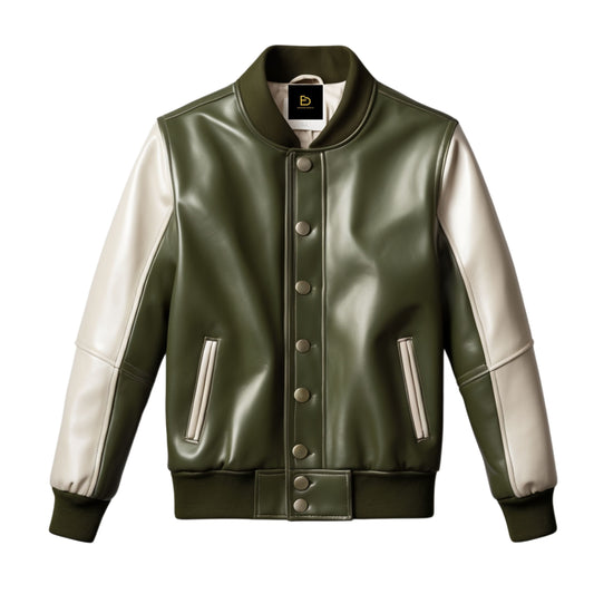 Men's Olive Green Real Leather Bomber Jacket with White Sleeves – Casual Trendy Wear