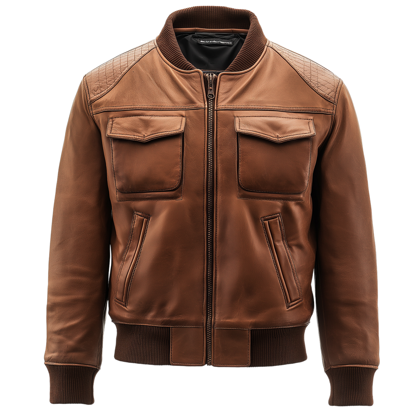 Tan Leather Bomber Jacket with Quilted Shoulders and Ribbed Accents