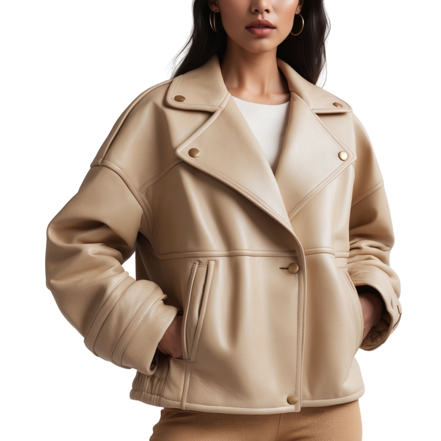 Womens Real Leather Oversized Moto Jacket – Beige Cropped Biker Coat