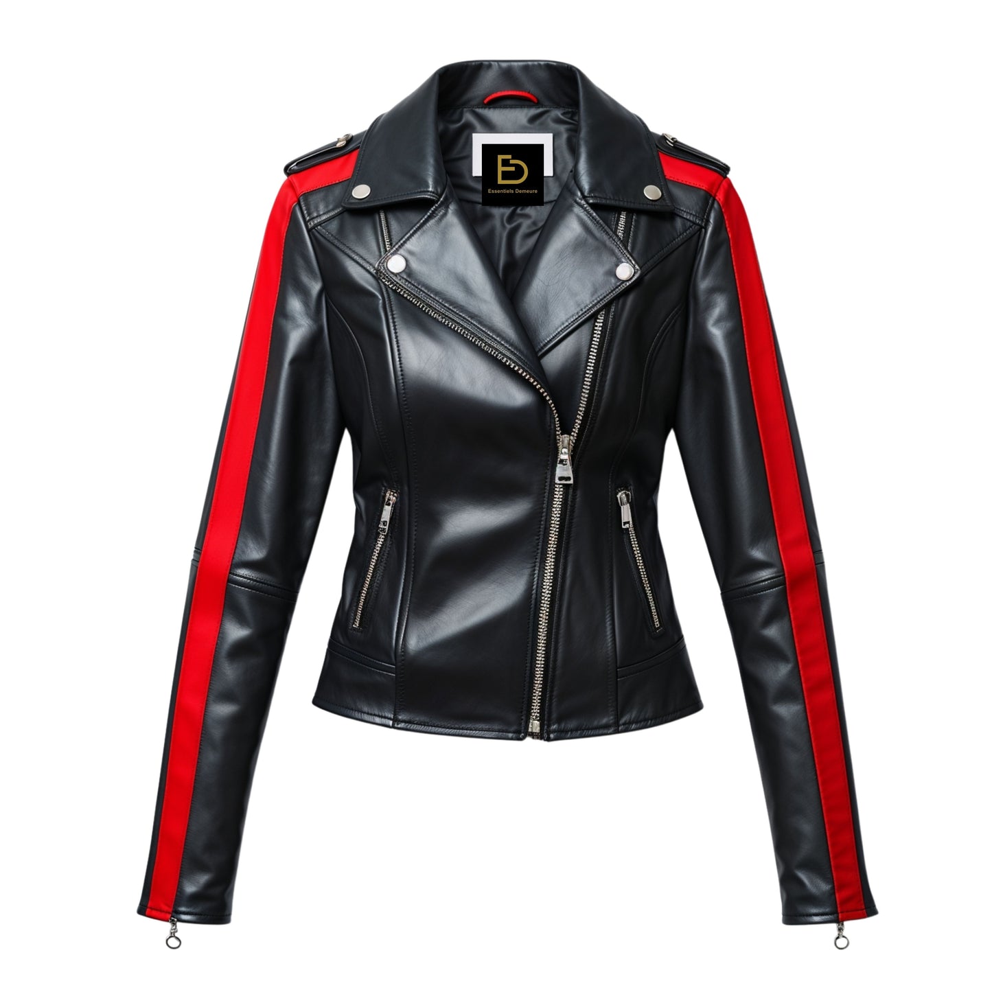 Black Real Leather Moto Jacket with Red Sleeve Stripes, Asymmetric Zip Biker Fit