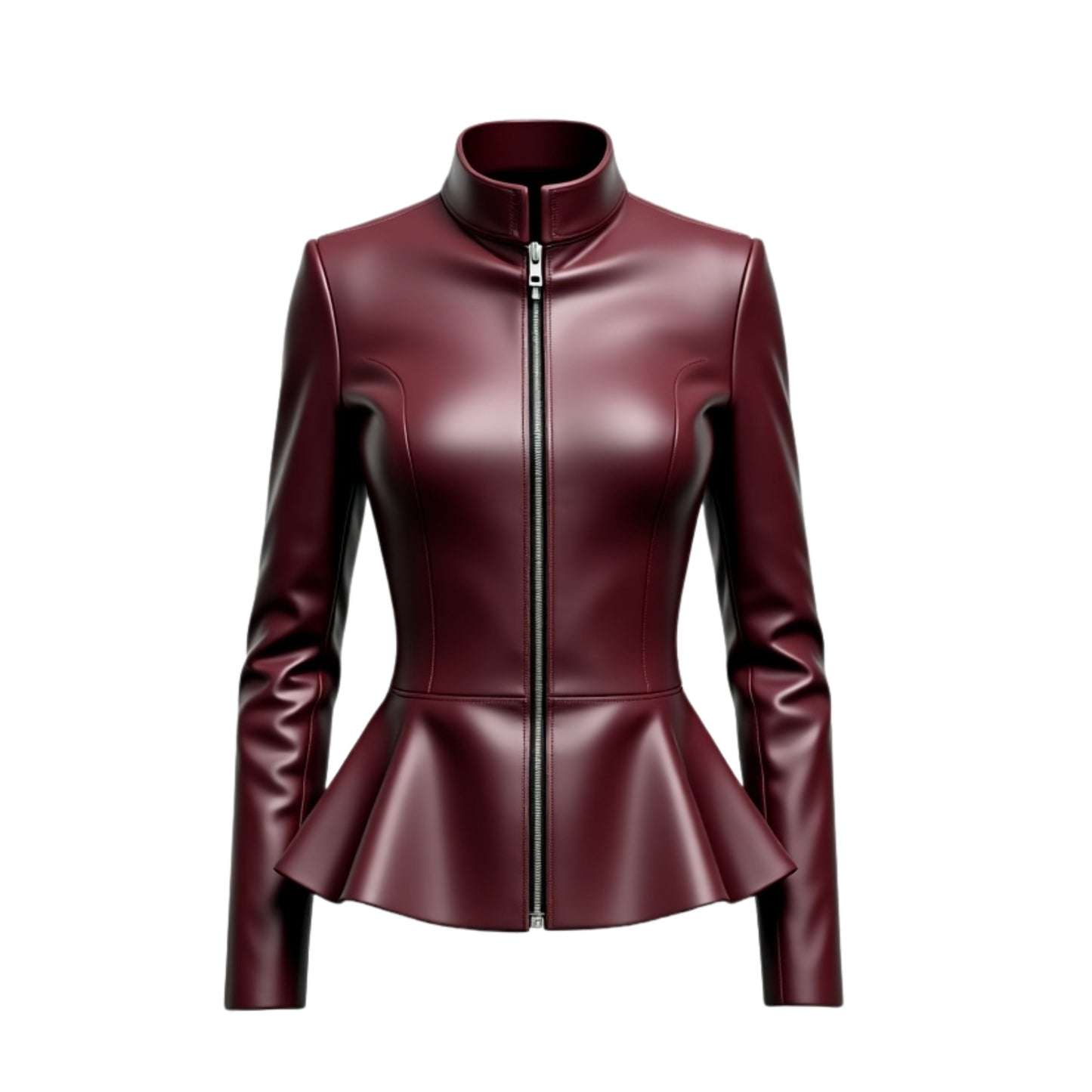 Burgundy Real Leather Peplum Jacket, Stand Collar Zip Front Fitted Coat