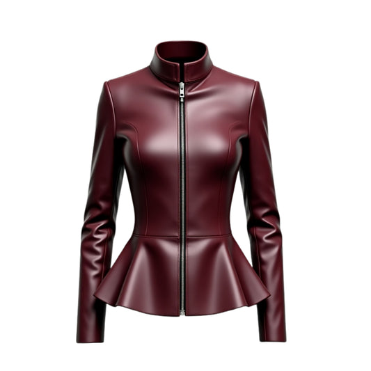 Burgundy Real Leather Peplum Jacket, Stand Collar Zip Front Fitted Coat